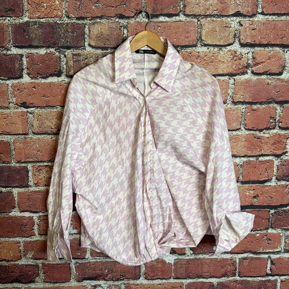 Zara Women Lilac White Houndstooth Oversized Cotton Twist Wrap Button Down Large